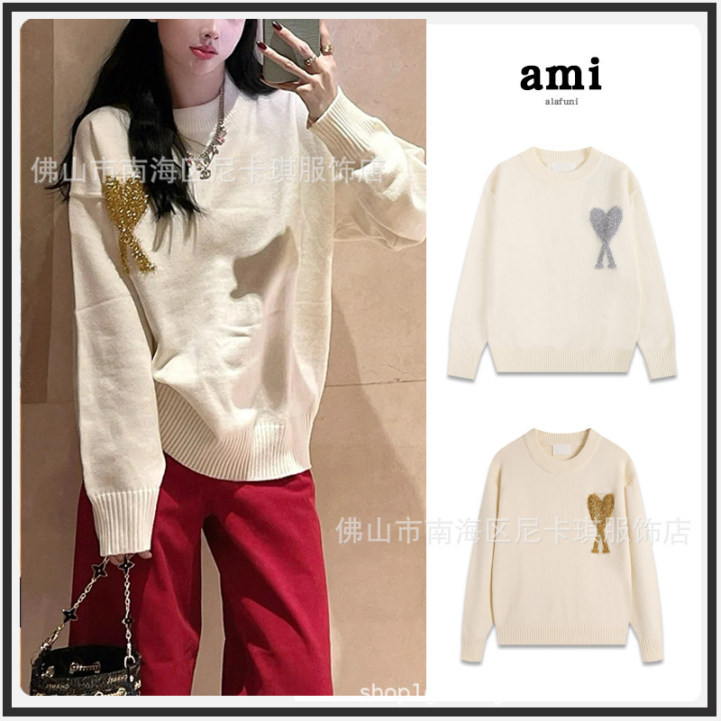 Ami Knitwear 25Ss Winter New Product Christmas Limited Golden Heart Soft Waxy Style Woolen Knitwear for Men and Women Couples Ami Knitwear 25Ss Winter New Product Christmas Limited Golden Heart Soft Waxy Style Woolen Knitwear for Men and Women Couples
