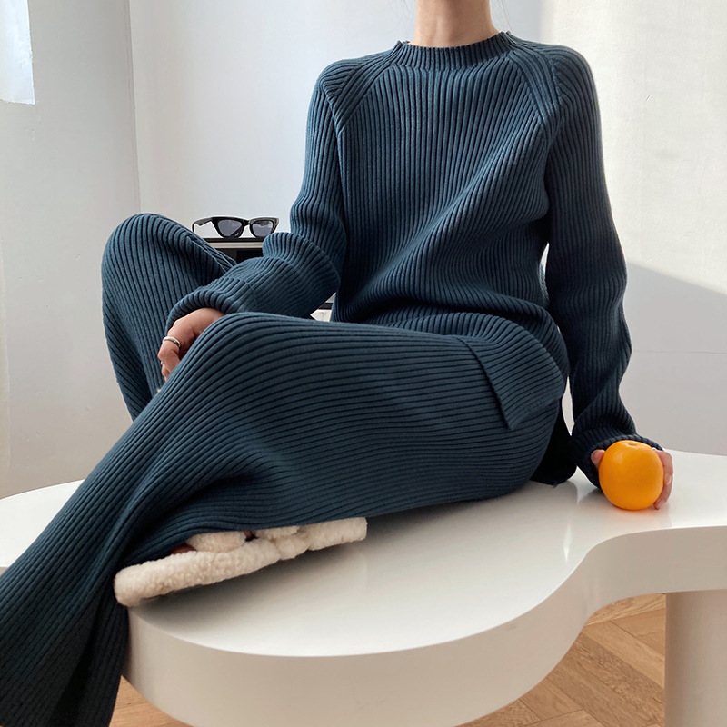 Women's Knitted Sweater Co-ords And Wide Leg Pants Two Piece Set_voghion.com