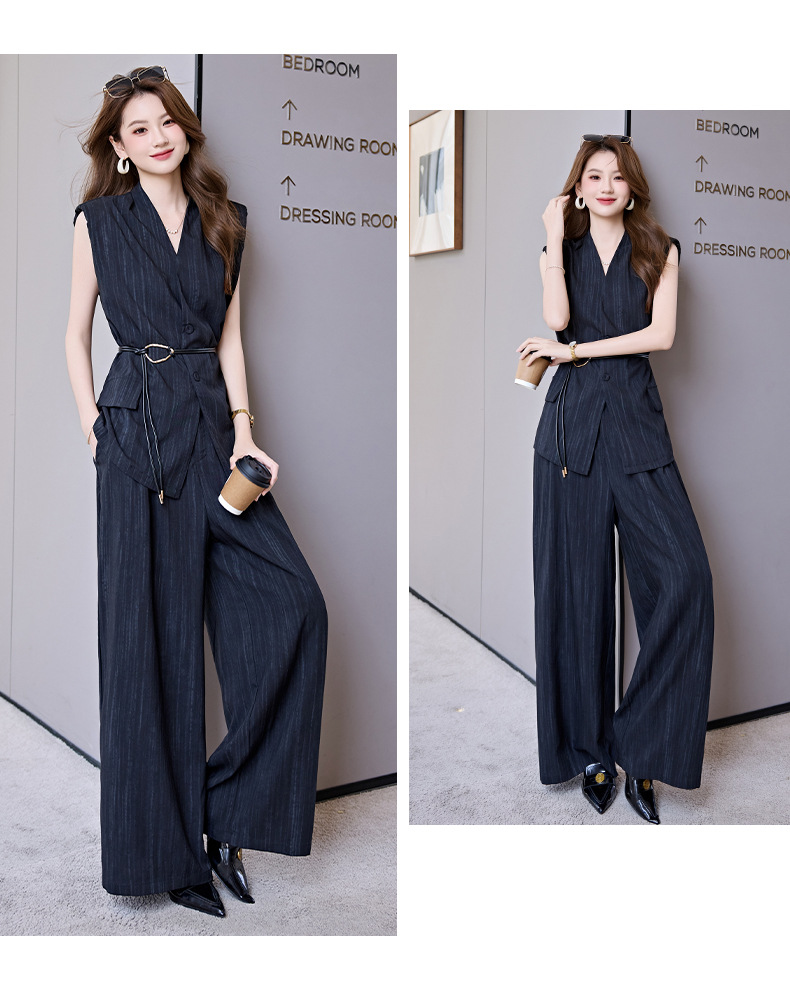 Bộ vest nữ không tay quần ống rộng cao cấp mùa hè 2025 – Áo khoác vest không tay kết hợp quần ống rộng hai mảnh HR1170 — Màu đen, Màu trắng be chi tiết 30