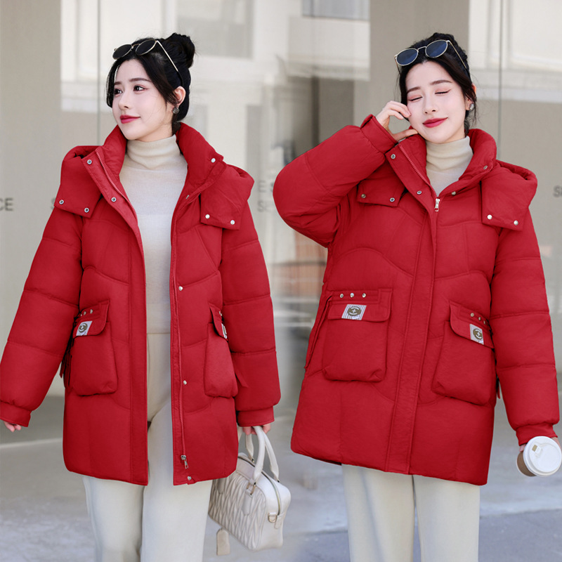 2024 invierno estilo coreano encapuchado vestido de pan de tamaño grande abrigo de algodón de pluma grueso mujer estilo largo exterior abrigo de algodón suelto image 5