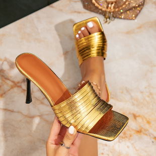 Women's High Heeled Sandals Fashion Square Head Gold High Heeled Women's Shoes Thin Heeled Sandals Slip-on Simple Women's Shoes