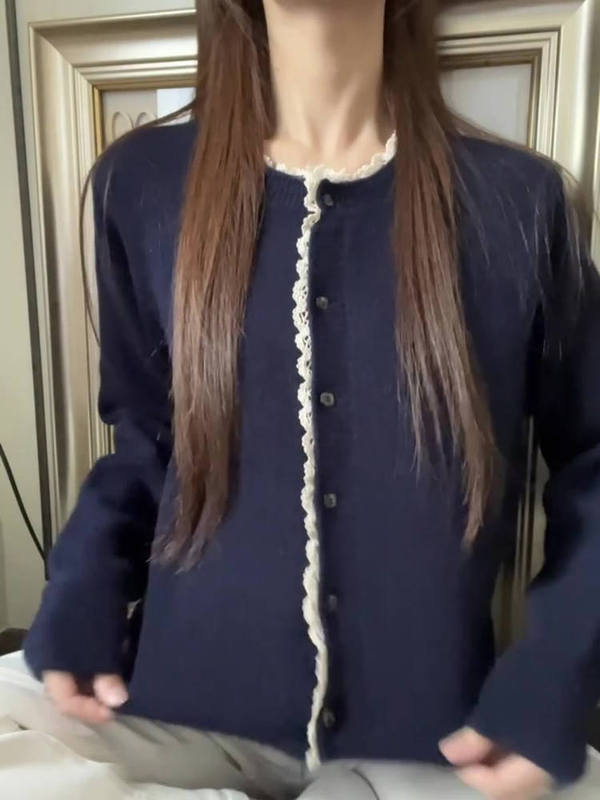 韩系早秋季氛围感穿搭针织衫开衫上衣女宽松花边慵懒外搭毛衣外套|undefined