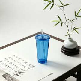 大容量双层塑料吸管杯 650ml 双层面结构隔绝温度呵护手掌饮水杯