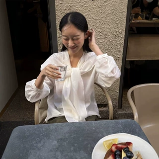 时简 飘带白衬衫女2026秋天丝肌理感宽松灯笼袖垂感长袖小衫11886