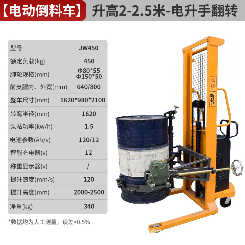 Carrileta elevadora de barril eléctrico de aceite elevación camión de descarga hidráulico de barril de barril de hierro camión de transporte de barril de plástico pesado
