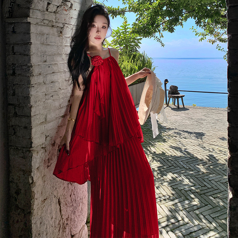 Seaside Holiday Long Dress French Style Super Fairy Slip Top Pleated Skirt Two-Piece dress
