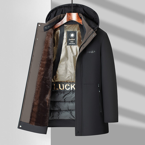 Mid-to-Old Age Men's Long Coat with Detachable Hood, Warm and Fleece-lined, Large Size Father's Outfit Winter Cotton Coat