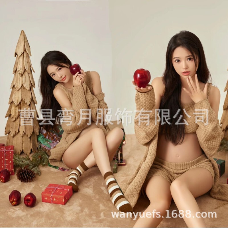 Studio New pregnant women's photo Christmas theme new year lazy home style cute pregnant women's knitted sweater photo clothing