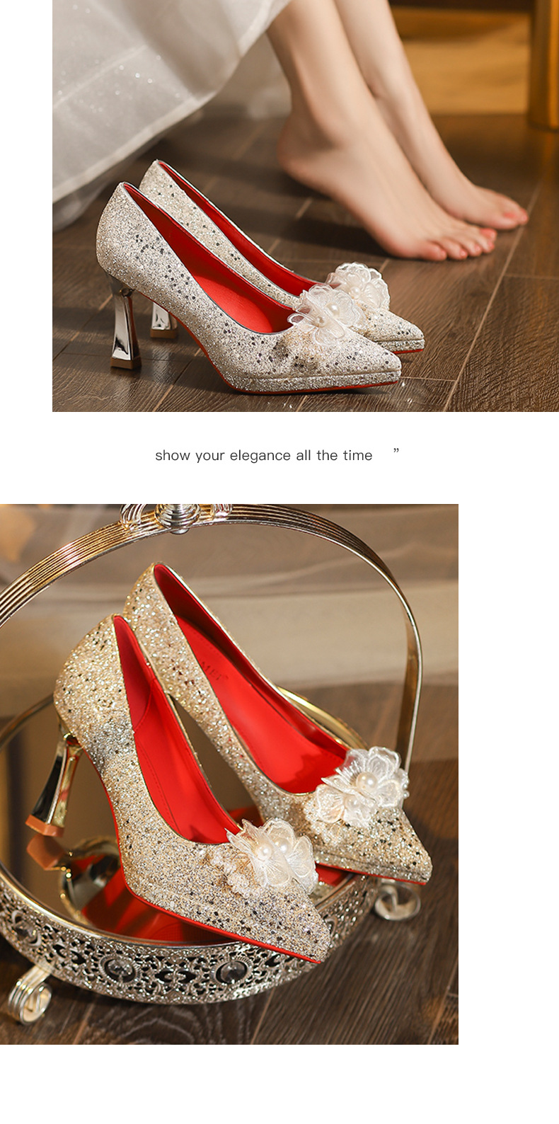 Giày cao gót mũi nhọn đính hoa sequin một dây stiletto — sâm panh chi tiết 8
