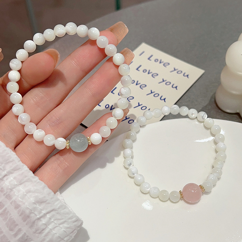 ins小清新白蝶貝海藍寶粉晶手鍊女生氣質百搭彈力手串學生閨蜜手