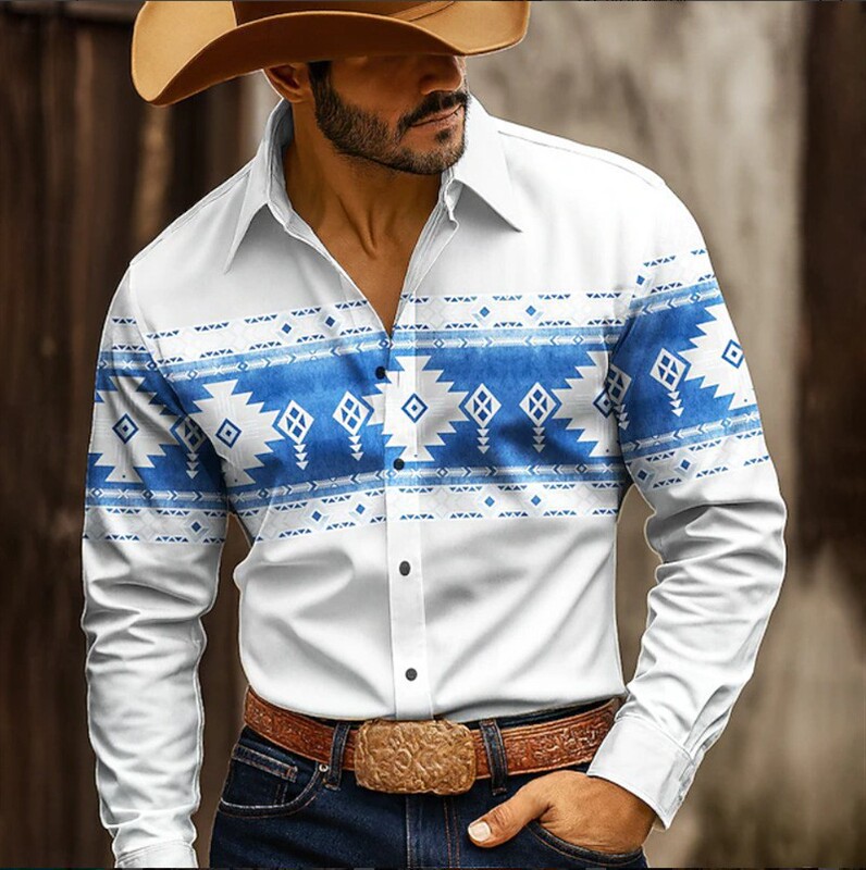 Cross-Border Foreign Trade Classic American Western Fashion 3D Digital Printed Long-Sleeved Casual Shirt Factory Direct Sales