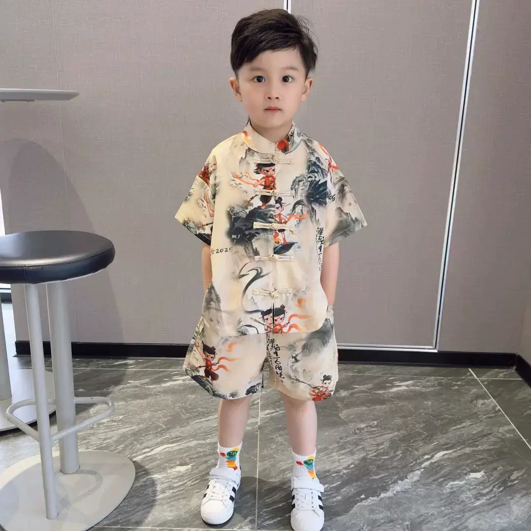 儿童夏款水墨画哪吒衣服夏季宝宝套装男童汉服中式短袖唐装两件套