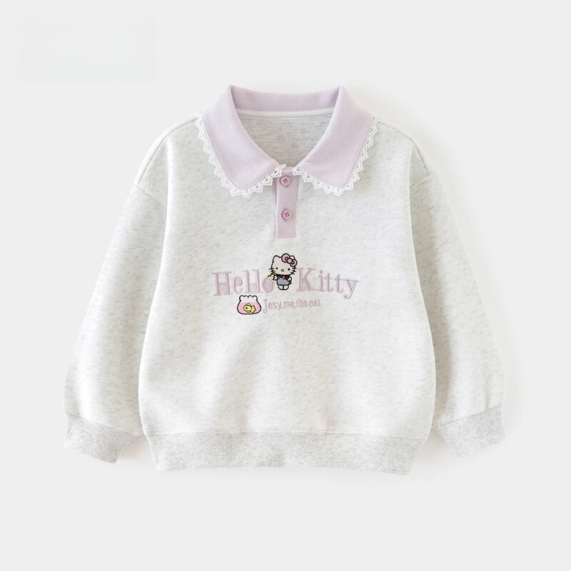 2025 New Autum Girls Polo Collar Sweatshirt Embroidered Kt Cat Lace Fashionable Family Top Long Sleeves