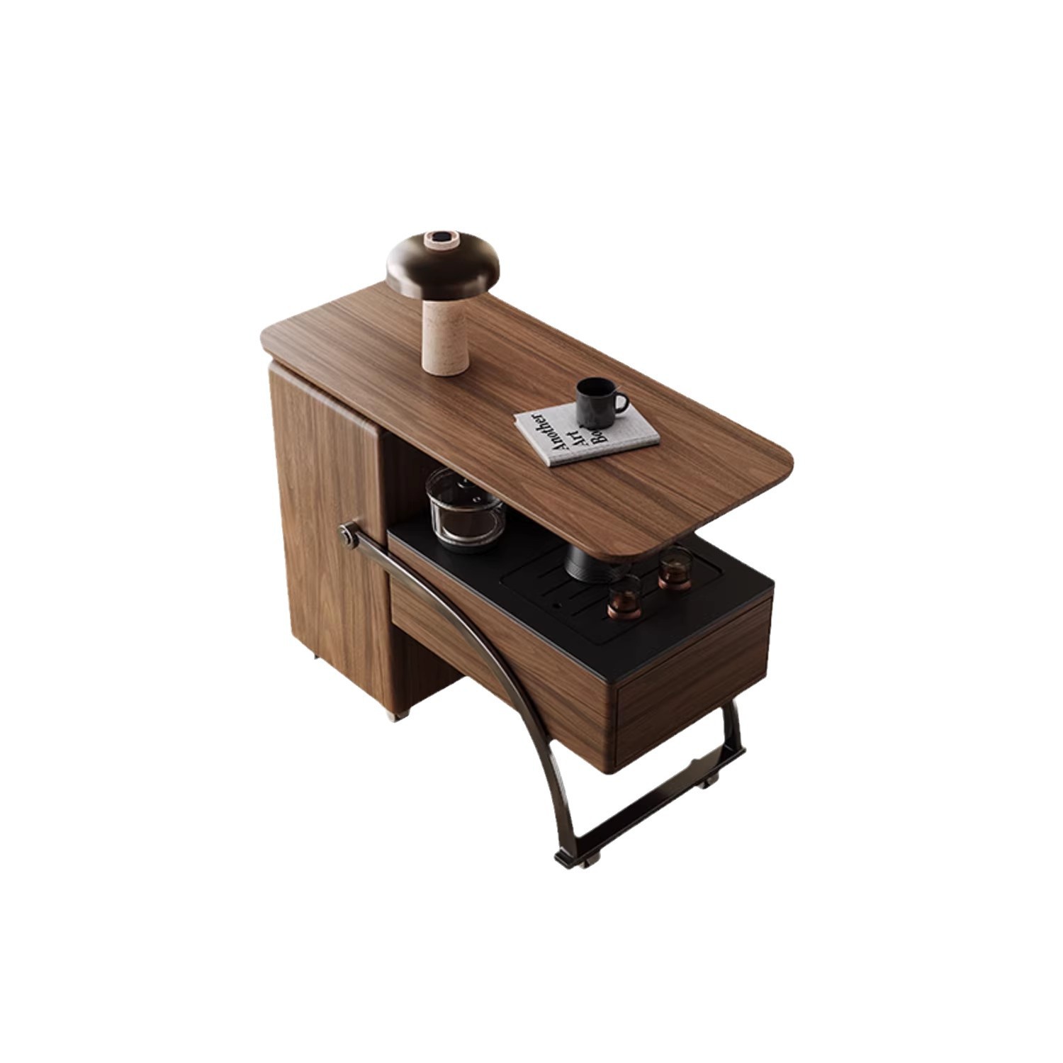 Mesa de té con balcón, kung fu doméstico pequeño, nuez, mesa de té móvil simple moderna, nuevo carro de té giratorio de madera maciza