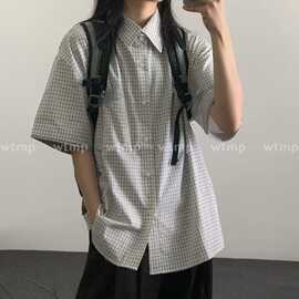 日系复古格子短袖衬衫男夏季设计感小众宽松工装衬衣高级感上衣服