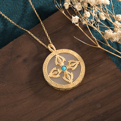 Internet celebrity live broadcast with goods ancient gold-plated Nepal style cross vajra pendant imitation Hetian jade amulet necklace