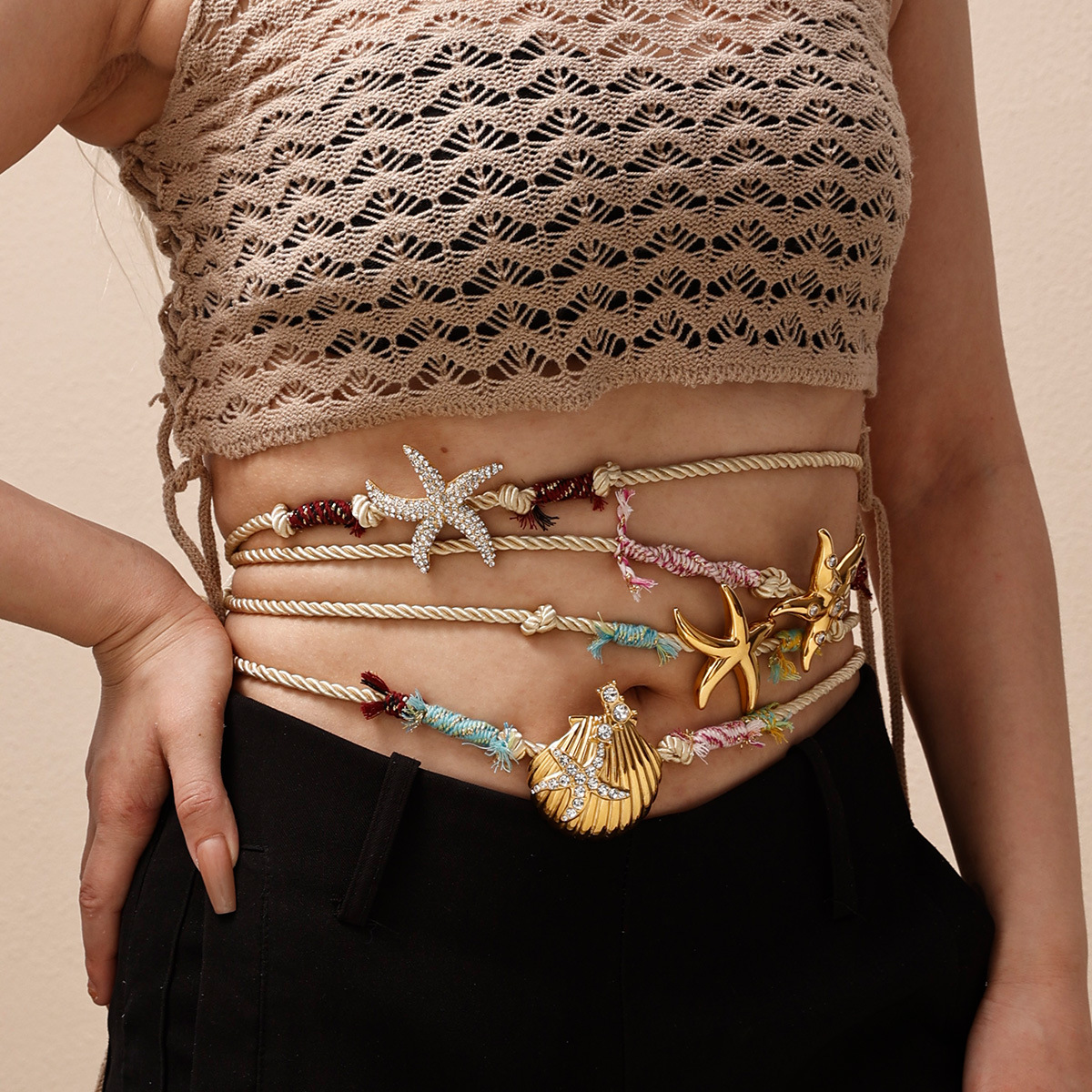 Taena collar de acero inoxidable europeo y americano diseño de nicho femenino concha de acero de titanio circonita collar tejido de cuerda gruesa cadena de cintura de doble propósito