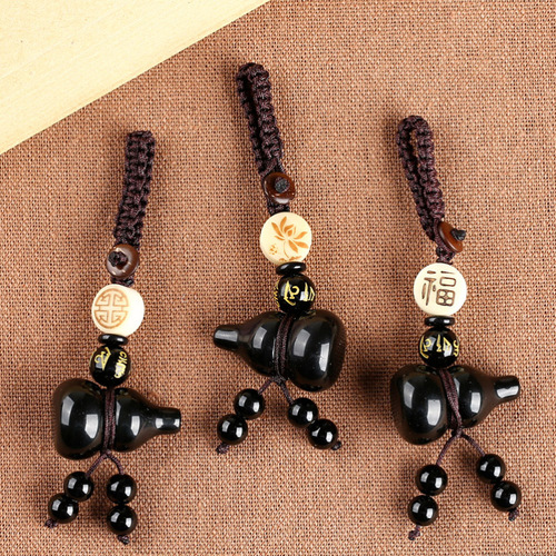 Manufacturer Directly Operated Natural Mexican Obsidian Gourd Keychain Pendant Small Gourd Bodhi Wholesaler Mobile Chain