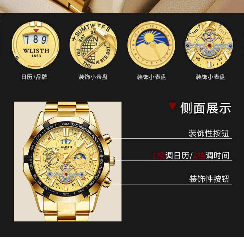 WLISTH Reloj para hombre de la marca suiza Reloj de cuarzo impermeable luminoso con esfera grande Reloj para hombre con calendario de banda de acero Reloj de comercio exterior