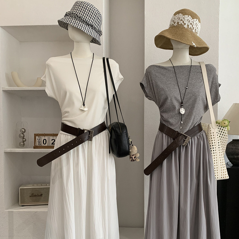 Omalai Off-Shoulder One-Shoulder Neckline High-Waisted Slim-Fit Patchwork Long Solid Color Dress with Wide Belt 7130 Omalai Off-Shoulder One-Shoulder Neckline High-Waisted Slim-Fit Patchwork Long Solid Color Dress with Wide Belt 7130