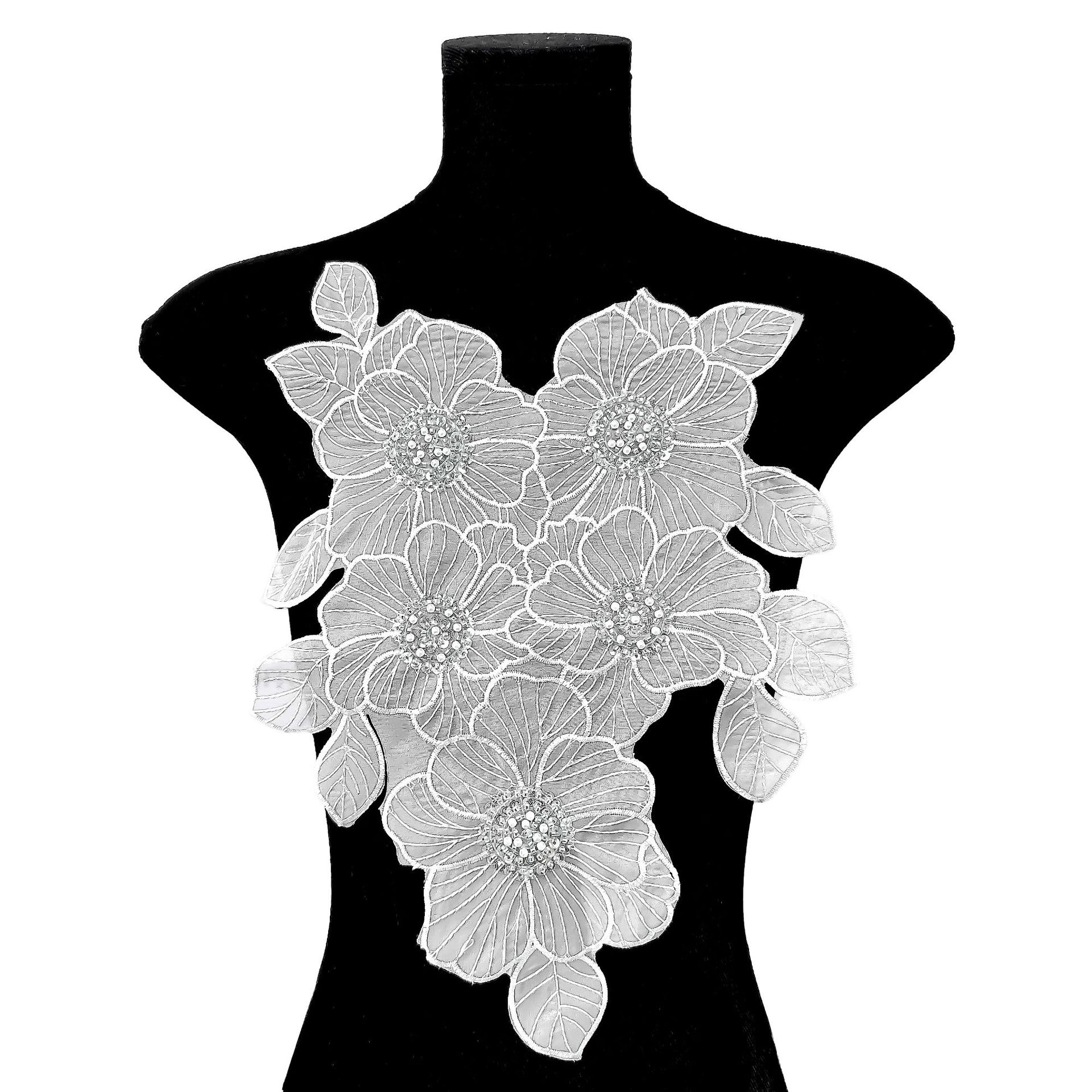 Ogan blanco clavos de cuentas de encaje de sequilla calcomanías de tela collar diy vestido vestido de espectáculo decoración de camisa image 4