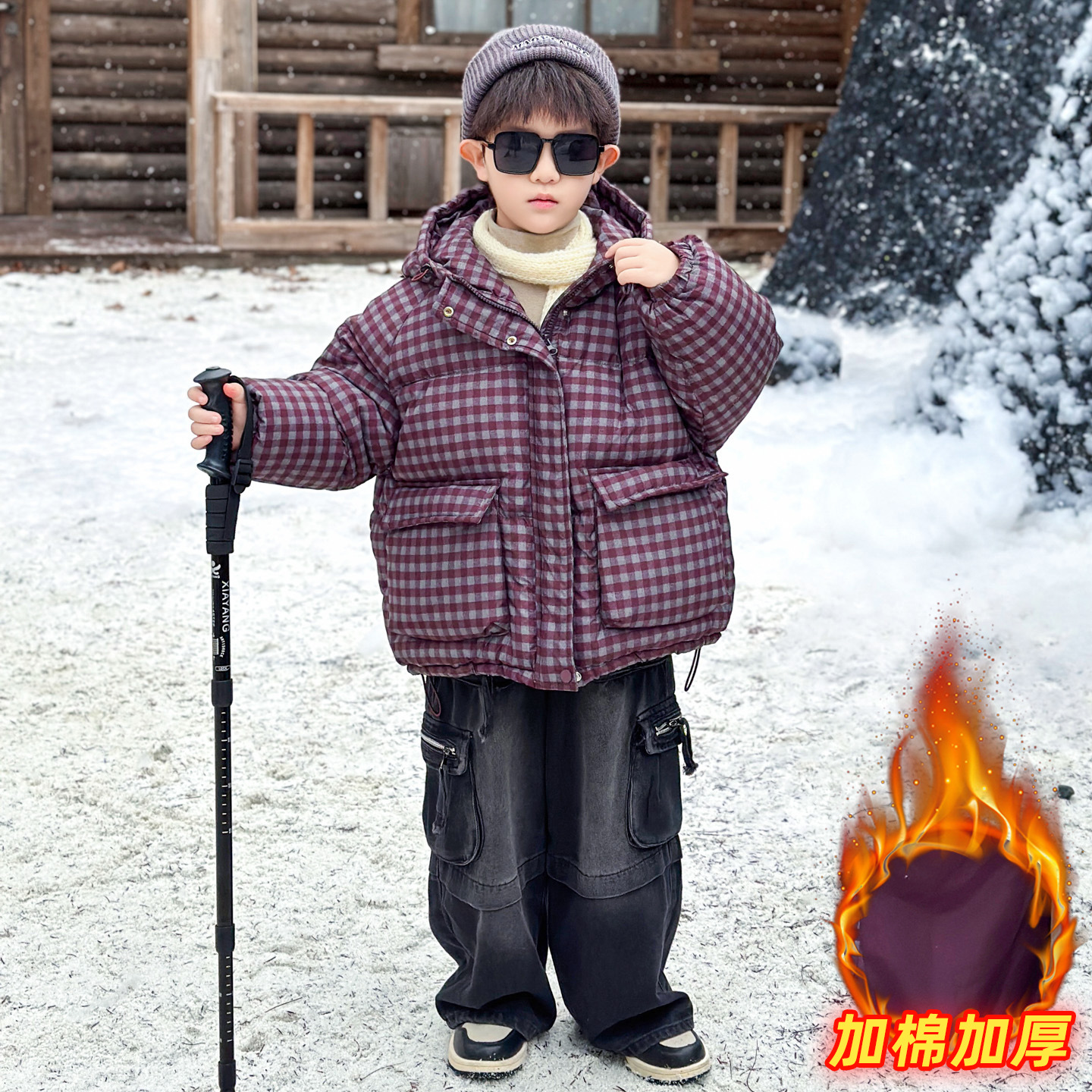 Boys' plaid hooded cotton-padded jacket, new autumn and winter style, fleece-lined and thickened cotton coat, fashionable, windproof, cold-resistant and durable.
