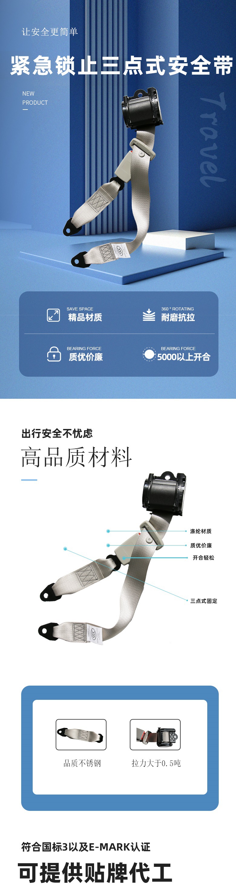 Passenger Car, Truck, and Bus Seat Belts with Emergency Locking, Three-Point Safety Belts, Automatic Retractable Car Seat Anti-Collision