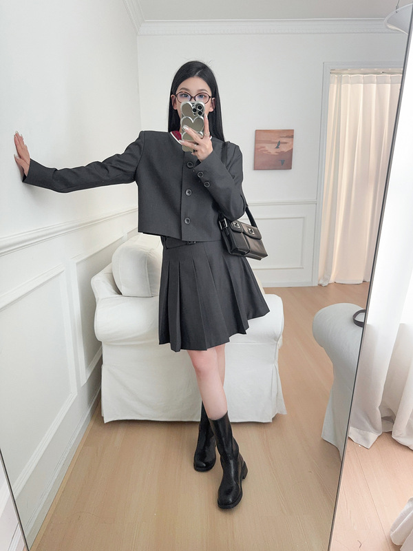 SW撞色毛织圆领外套女25秋季新款宽松箱型上衣百褶半裙灰色套装|undefined