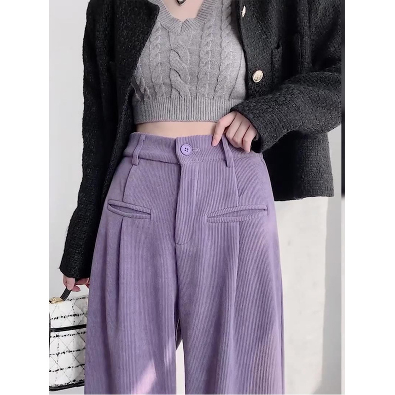 Purple fleece-lined thick chenille wide-leg pants women's autumn and winter high waist draping casual loose straight mop long pants Purple fleece-lined thick chenille wide-leg pants women's autumn and winter high waist draping casual loose straight mop long pants