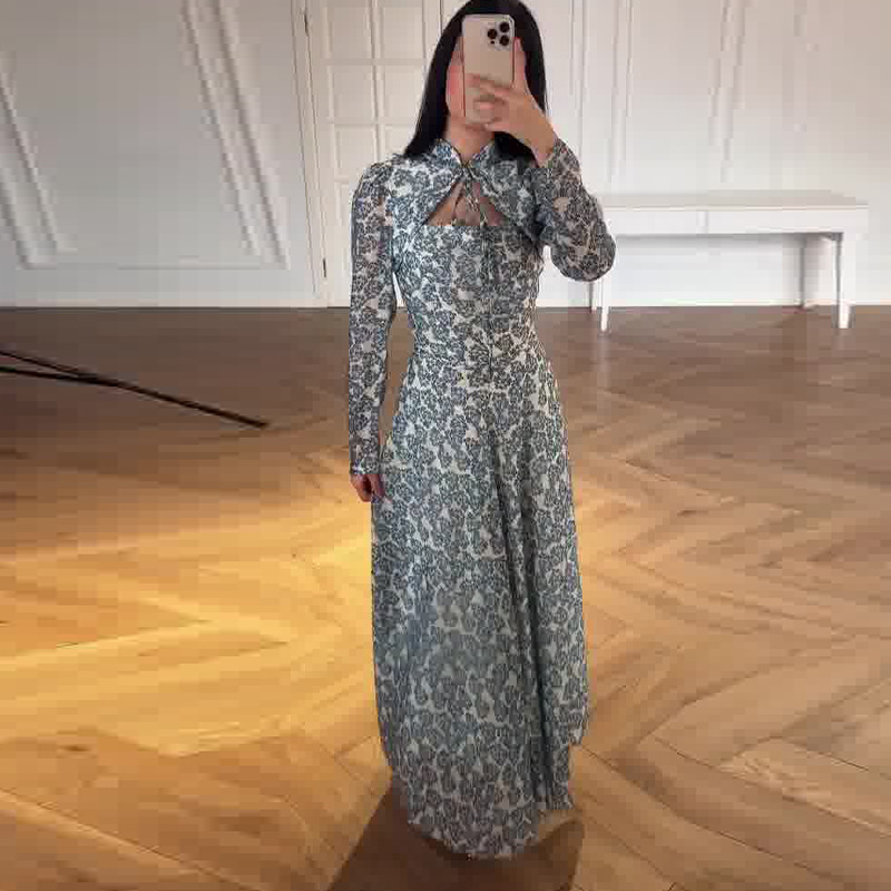 2025年新款女装欧美亚马逊跨境外贸长袖收腰碎花显身材灰色连衣裙|undefined