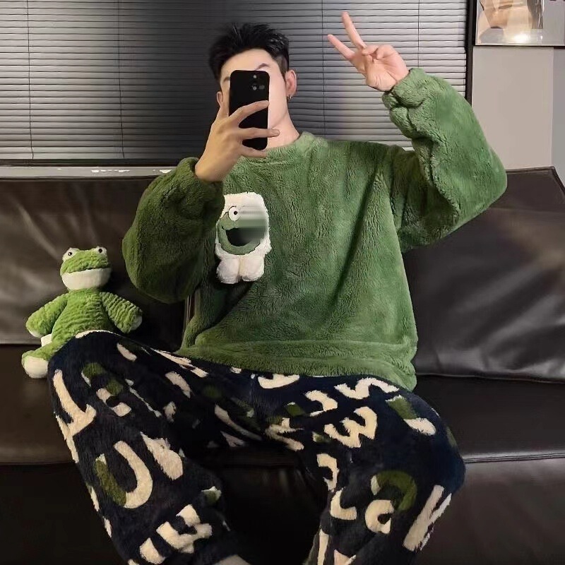 Letter cute pajamas men's flannel thickened coral fleece youth autumn and winter round neck plush home suit
