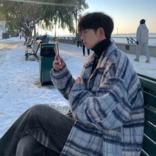 小香风条纹格子毛呢大衣男士冬季加厚保暖高级感痞帅呢子潮牌外套