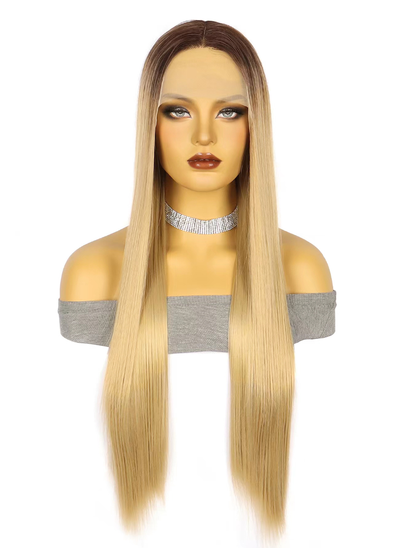 Transfronterizo europeo y americano de encaje 13*4 de las mujeres de largo pelo recto frontal de encaje medio punto de fibra química tocado xuchang pelucas de fábrica