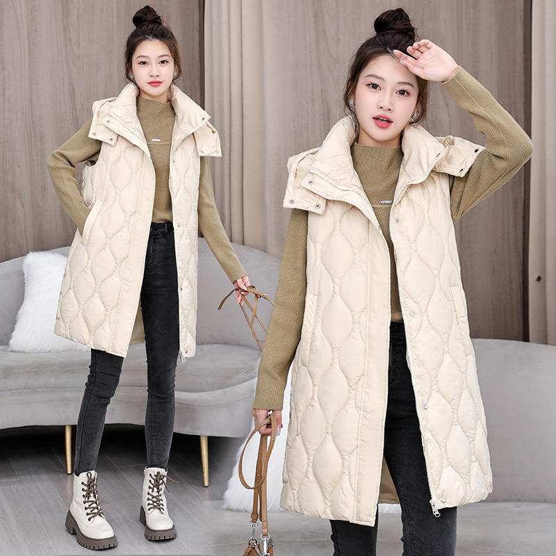 Down Cotton Vest Women's 2024 Winter New Mid-length Hooded Korean Style Loose Thickened Sleeveless Vest Jacket