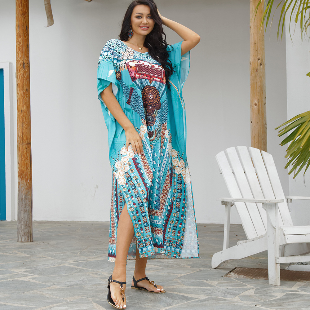 Europa y América verde serpiente impresión suelta más tamaño traje de playa vestido bikini cover up vacaciones sol protección camisa 1D39