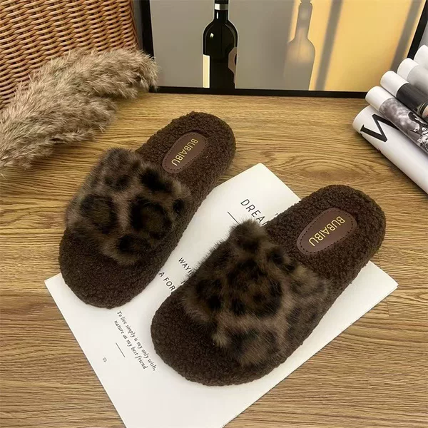 Thick-Soled Furry Outer Wear 2024 New Ins Autumn and Winter Fashion Home Leopard Print Plush One-Line Cotton Slippers