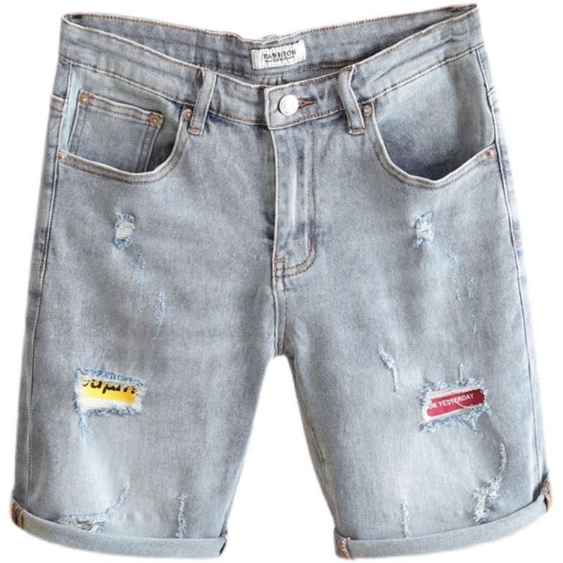 Summer thin blue embroidered denim men's versatile, perforated straight leg cropped shorts, loose elastic shorts_voghion.com