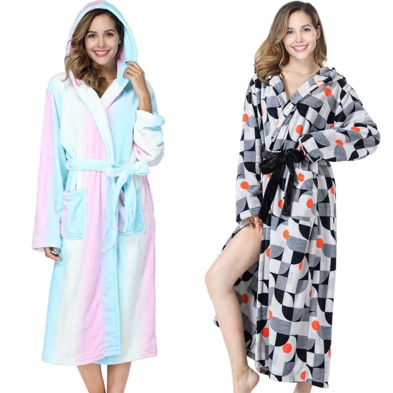 Women's Thick Fleece Hooded Bathrobe with Pockets, Fluffy and Warm Loungewear, Sizes S-Xxl