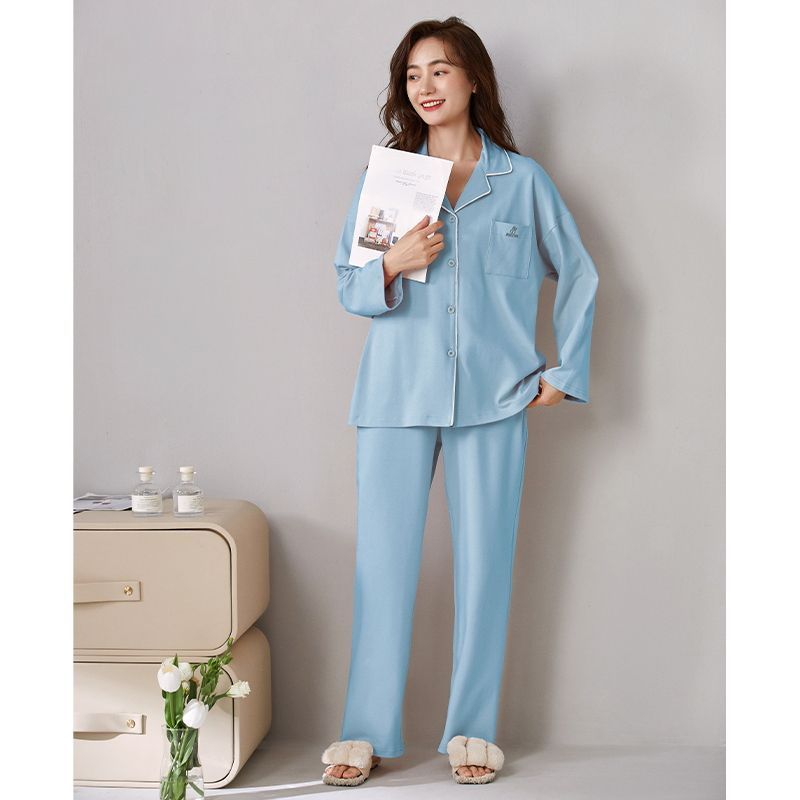 100% pijamas Pantalones de algodón de manga larga de primavera y otoño de las mujeres 2024 nuevo traje de ropa de abrigo suelta simple
