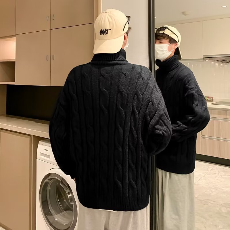 Suéter de cuello alto para hombres otoño y invierno nuevo engrosado camisa de punto de torsión coreana in-moderada camisa de color sólido suelta