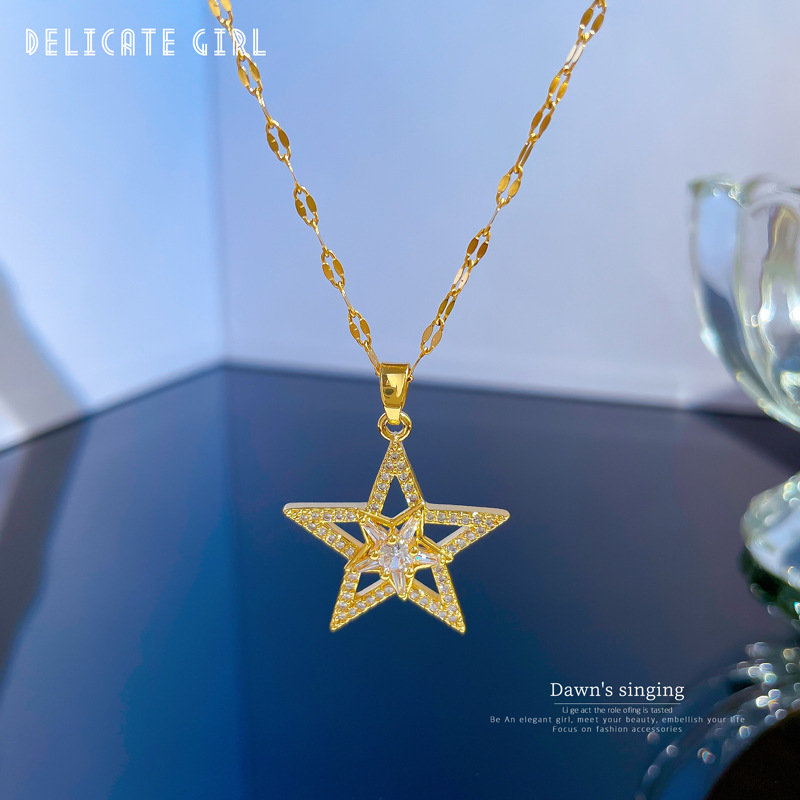 Collar de pentagrama con diamantes en oro real para mujer_voghion.com