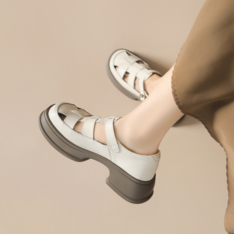 Dép sandal La Mã nữ đế dày da thật bít mũi — BK153 màu đen