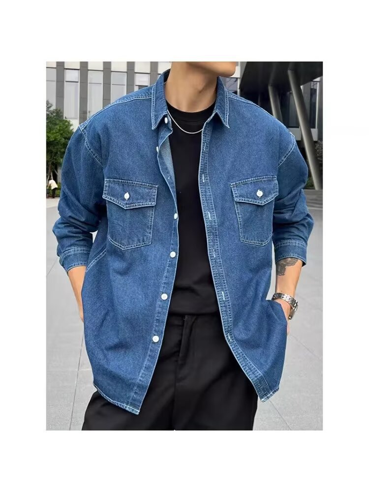 Retro Men's Denim Shirt With Double Pockets - Versatile Style_voghion.com