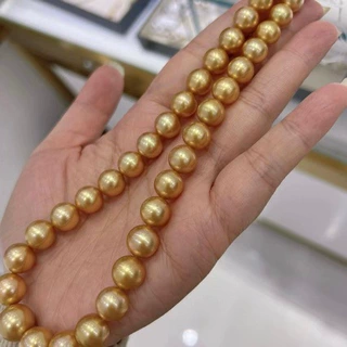 9-10mm天然金珠项链 正圆微瑕强光浓金媲美南洋珍珠串链成品批发