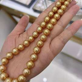 9-10mm天然金珠项链 正圆微瑕强光浓金媲美南洋珍珠串链成品批发