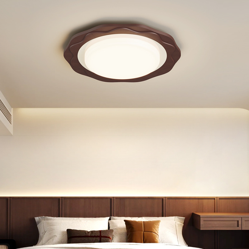 Lámpara principal de sala de estar de estilo antiguo, lámpara de techo de grano de madera de nogal, habitación retro japonesa, dormitorio, base de decoración redonda de madera maciza