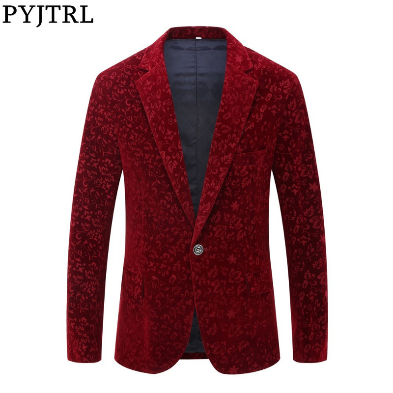 Men's Suit Singer Stage Performance Suit Burgundy Velvet Floral Jacket Slim-fit Wedding Suit