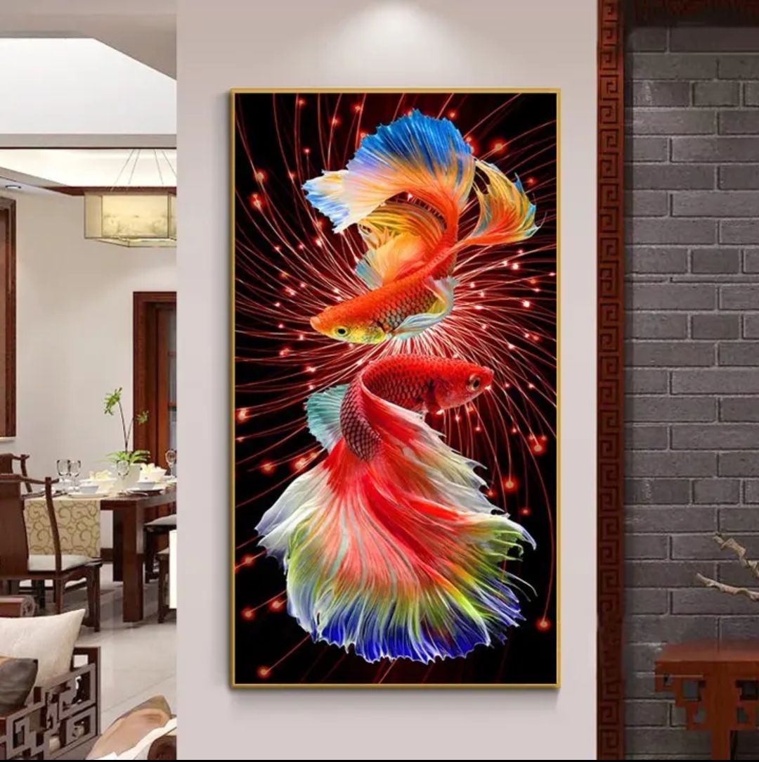 Punto de Cruz Real de la Mona Lisa, Doble Koi Rojo Fuego, Colección Popular para Sala de Estar, Pintura Decorativa de Estilo Chino, Versión Vertical, Bordado Hecho a Mano