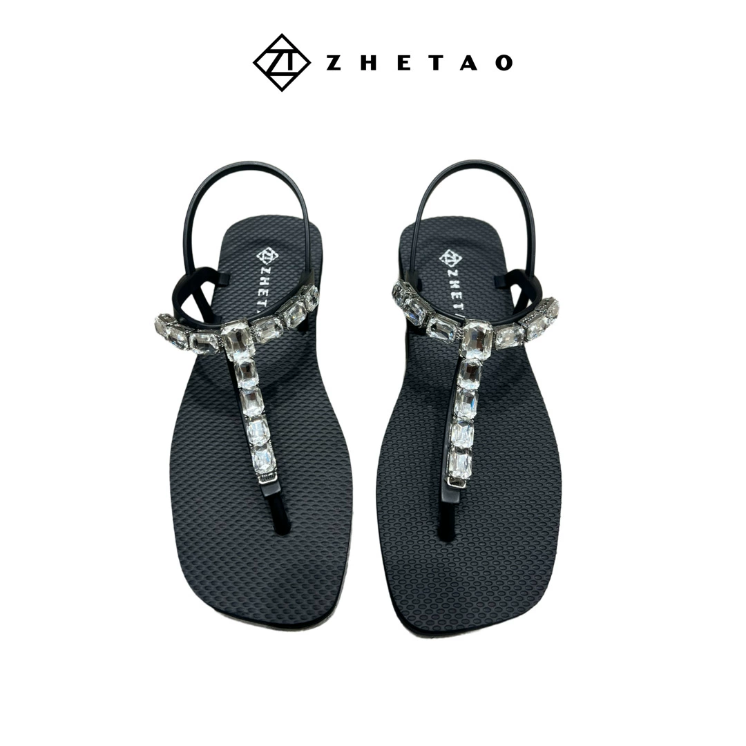 Zhetao2024 новые резиновые противоскользящие сандалии модная квадратная голова плоская подошва сплошной цвет яркий бриллиант ножки пляжные сандалии