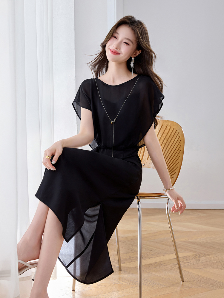 Đầm maxi nữ thắt eo thiết kế tân cổ điển cao cấp — màu đen, Chấm tròn